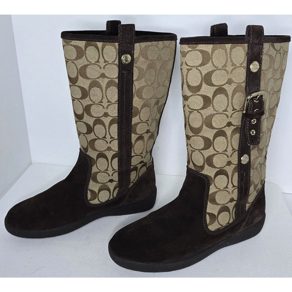 COACH Tullip Boots Suede Signature C canvas Brown/Beige size 8 1/2 B A7746 - Picture 1 of 11